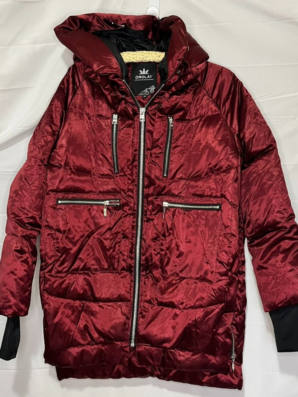 OROLAY Metallic Wine Red Burgundy Duck Down Hooded Jacket Size Medium